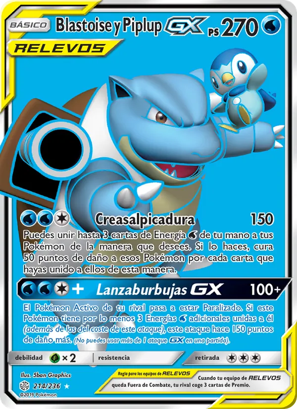 Carta Blastoise y Piplup GX de la expansión Eclipse Cósmico, número 214/236