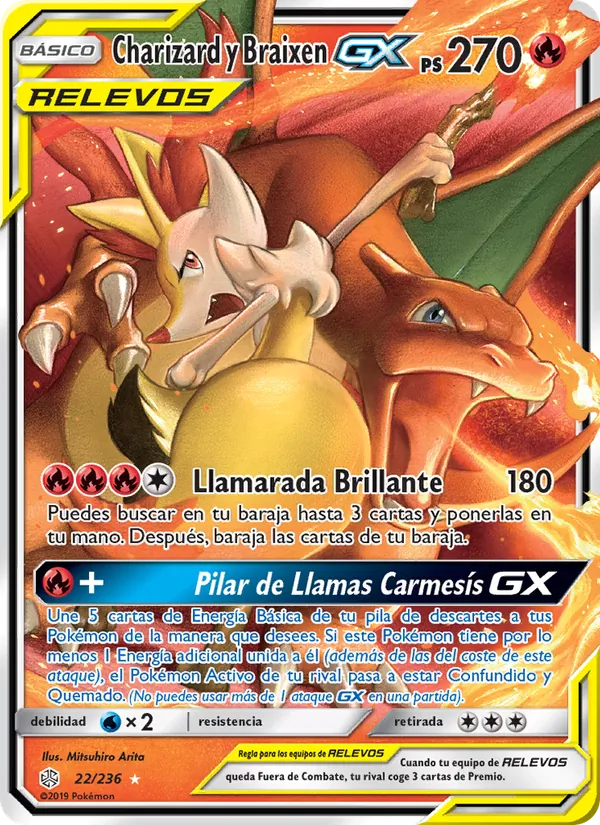 Carta Charizard y Braixen GX de la expansión Eclipse Cósmico, número 22/236