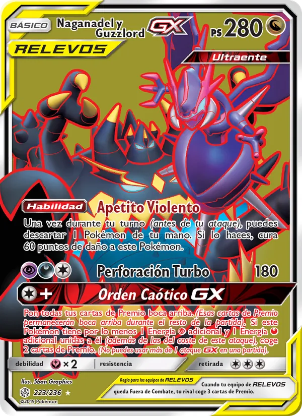Carta Naganadel y Guzzlord GX de la expansión Eclipse Cósmico, número 223/236