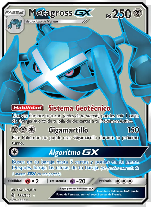 Carta Metagross GX de la expansión Albor de Guadianes, número 139/145
