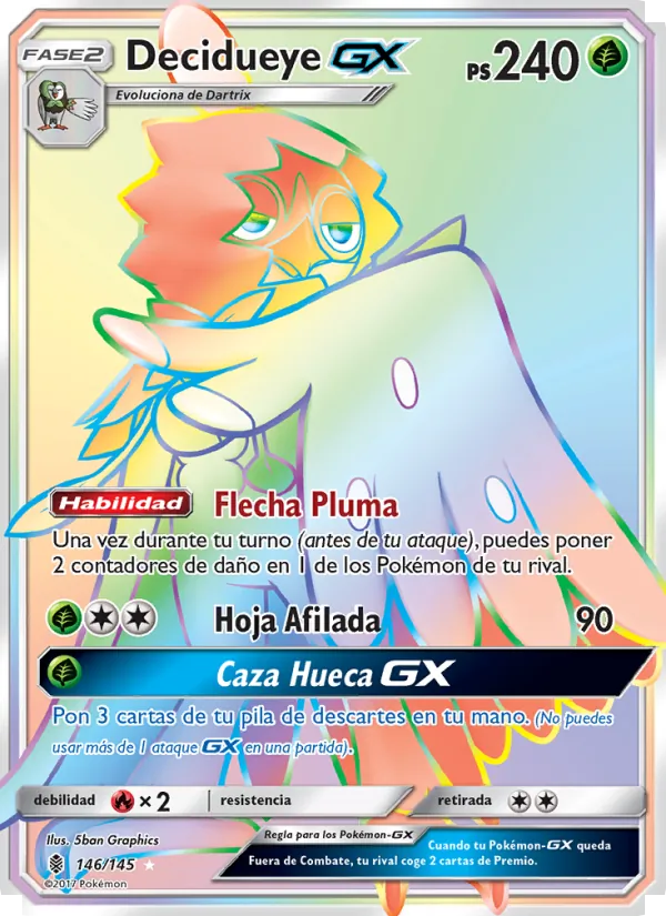 Carta Decidueye GX de la expansión Albor de Guadianes, número 146/145