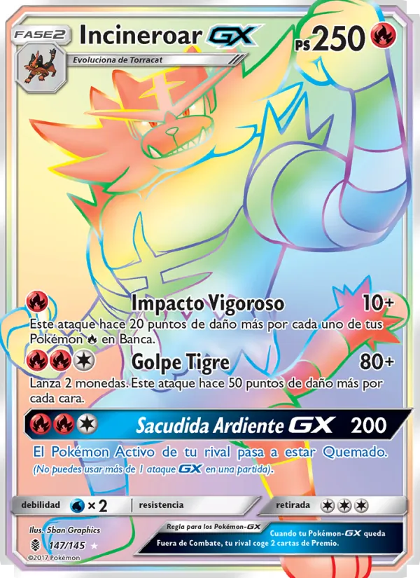 Carta Incineroar GX de la expansión Albor de Guadianes, número 147/145