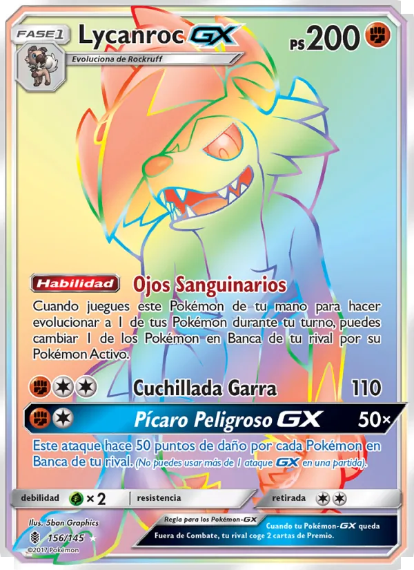Carta Lycanroc GX de la expansión Albor de Guadianes, número 156/145