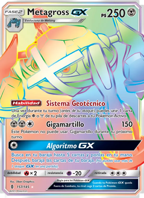 Carta Metagross GX de la expansión Albor de Guadianes, número 157/145