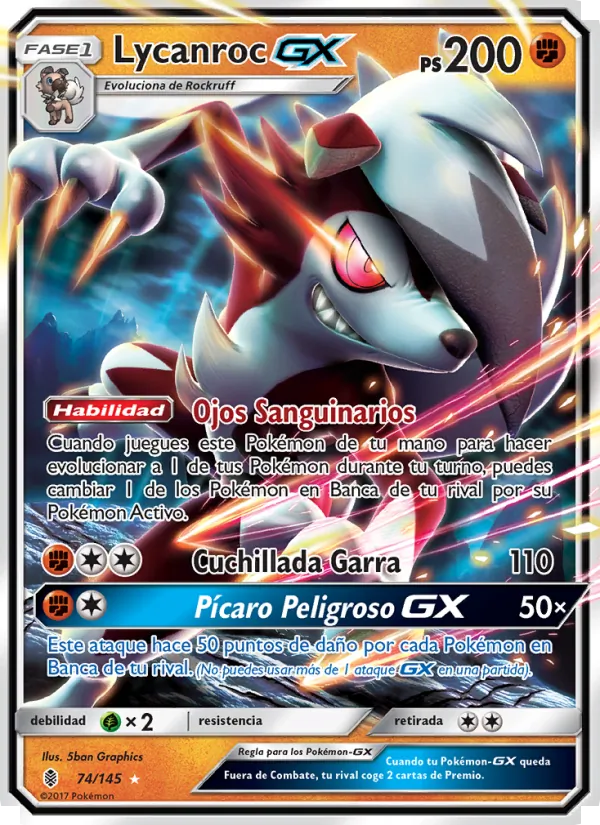 Carta Lycanroc GX de la expansión Albor de Guadianes, número 74/145
