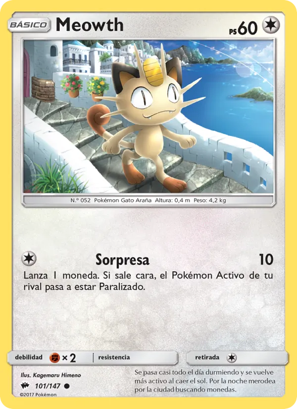Carta Meowth de la expansión Sombras Ardientes, número 101/147