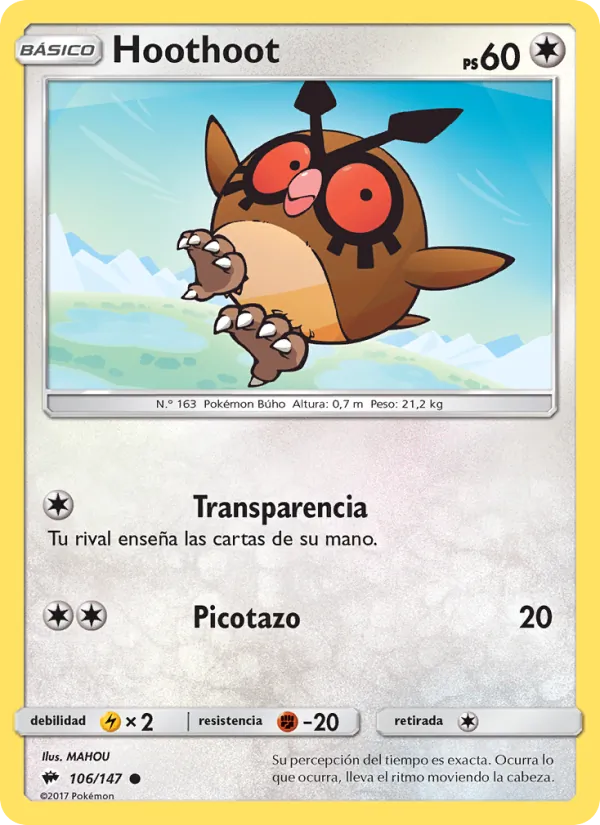 Carta Hoothoot de la expansión Sombras Ardientes, número 106/147