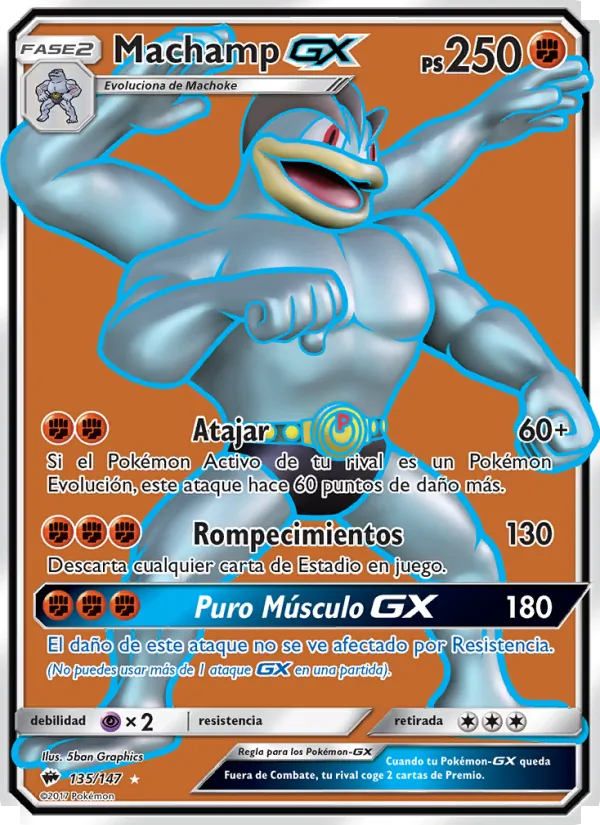 Carta Machamp GX de la expansión Sombras Ardientes, número 135/147