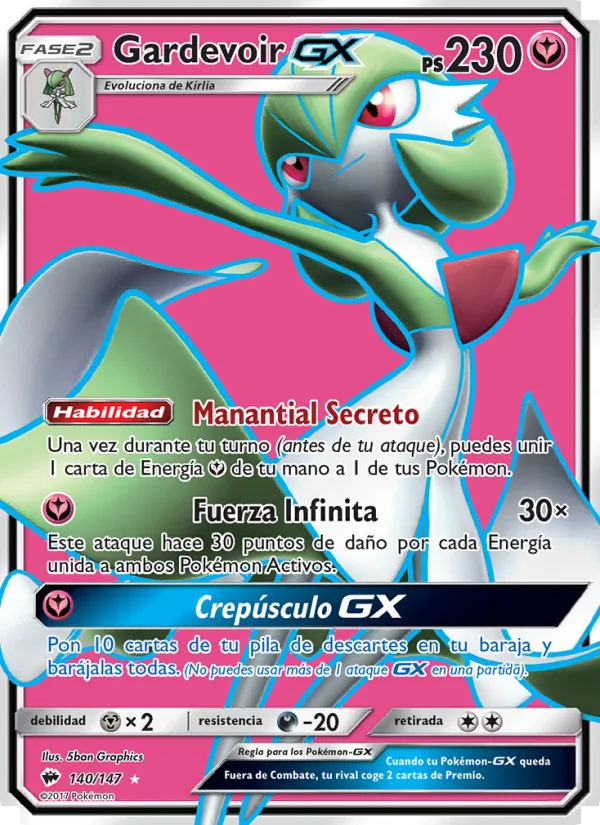 Carta Gardevoir GX de la expansión Sombras Ardientes, número 140/147