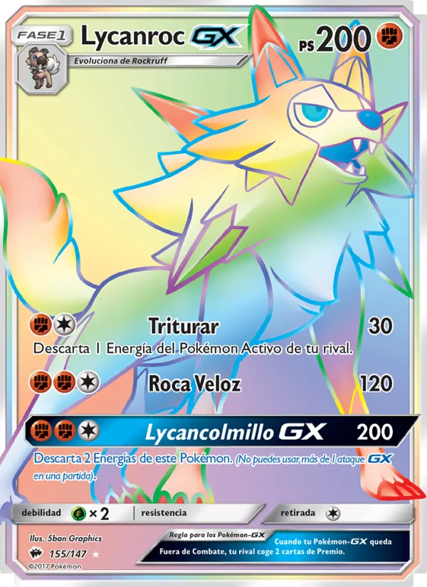 Carta Lycanroc GX de la expansión Sombras Ardientes, número 155/147