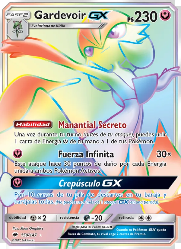 Carta Gardevoir GX de la expansión Sombras Ardientes, número 159/147