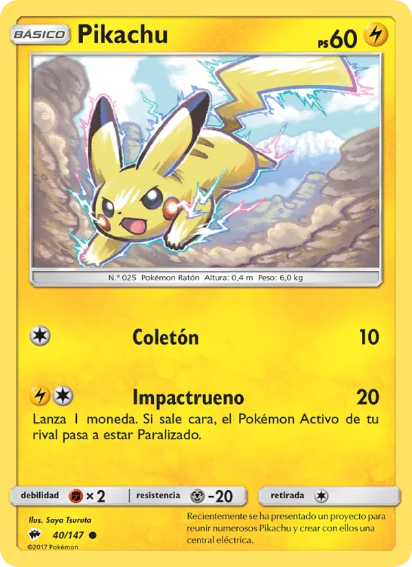 Carta Pikachu de la expansión Sombras Ardientes, número 40/147
