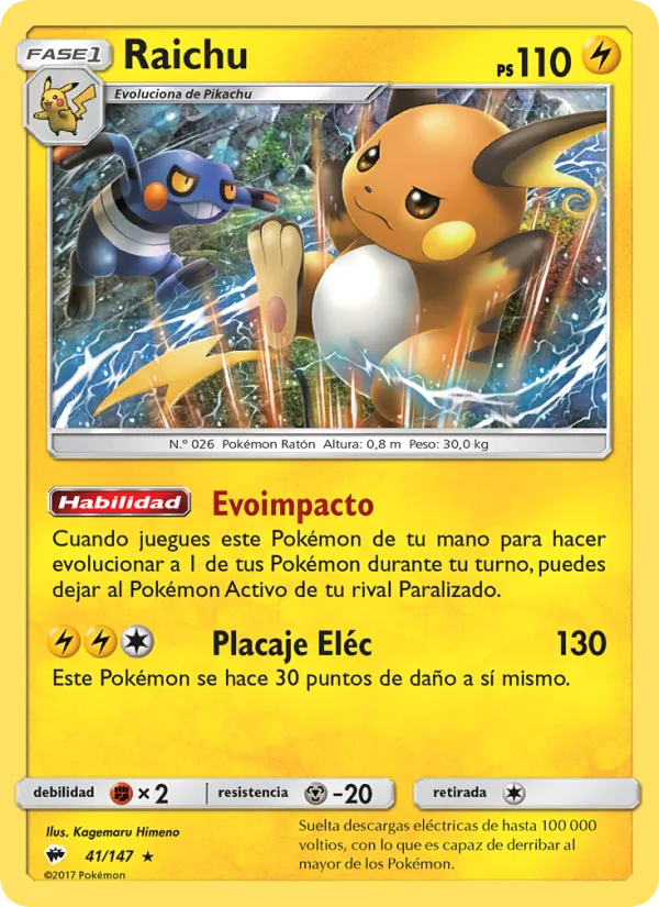 Carta Raichu de la expansión Sombras Ardientes, número 41/147