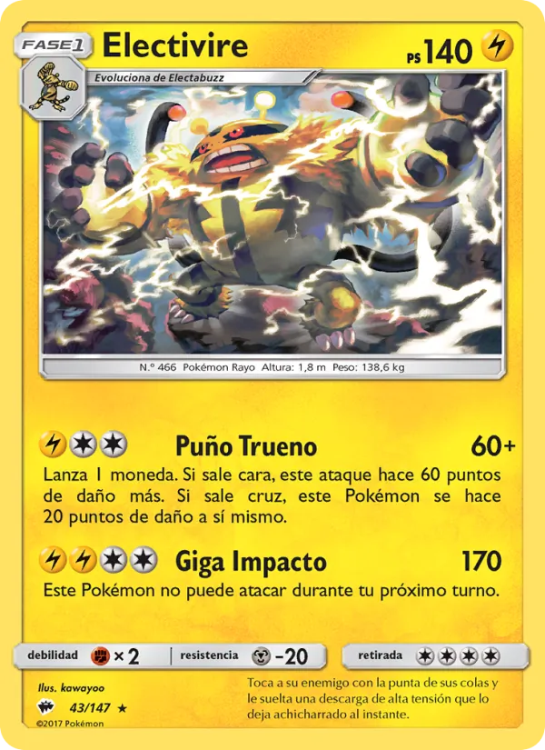 Carta Electivire de la expansión Sombras Ardientes, número 43/147