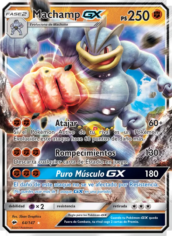 Carta Machamp GX de la expansión Sombras Ardientes, número 64/147