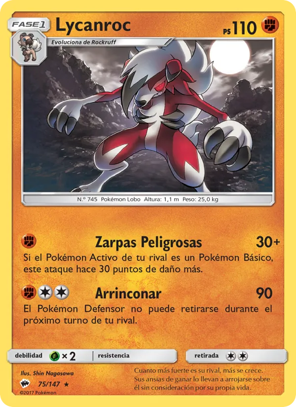 Carta Lycanroc de la expansión Sombras Ardientes, número 75/147