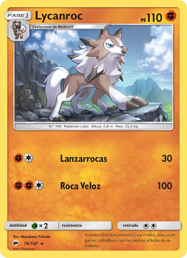 Carta Lycanroc de la expansión Sombras Ardientes, número 76/147
