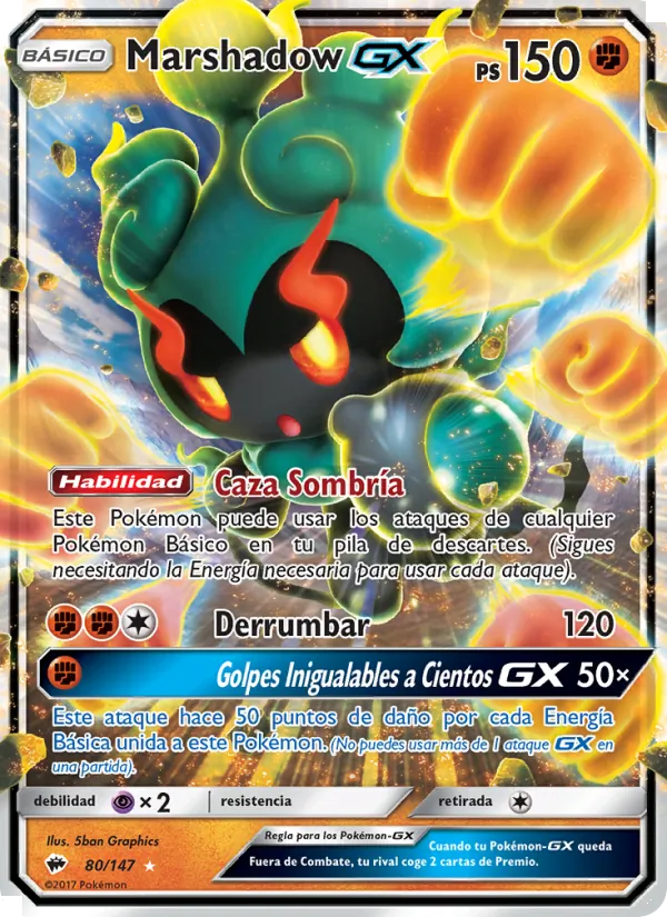Carta Marshadow GX de la expansión Sombras Ardientes, número 80/147