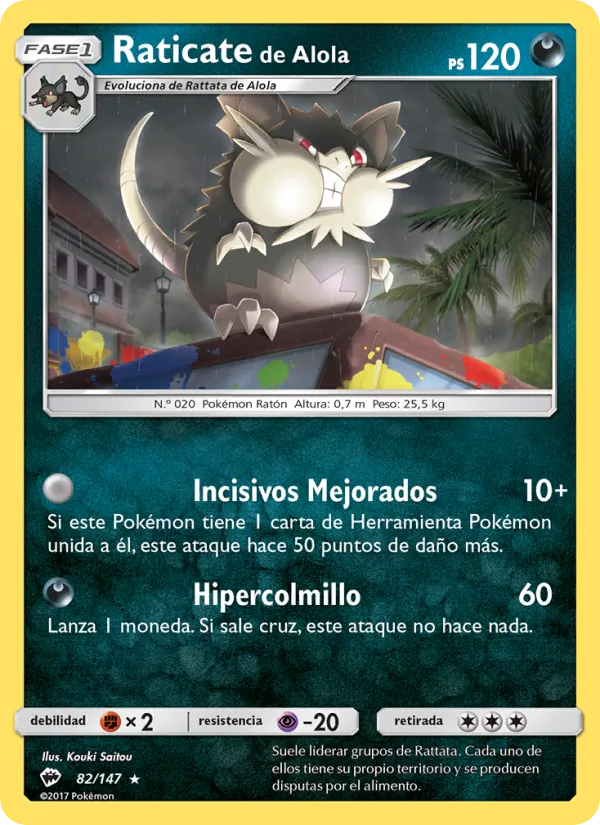 Carta Raticate de Alola de la expansión Sombras Ardientes, número 82/147