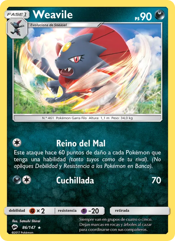 Carta Weavile de la expansión Sombras Ardientes, número 86/147