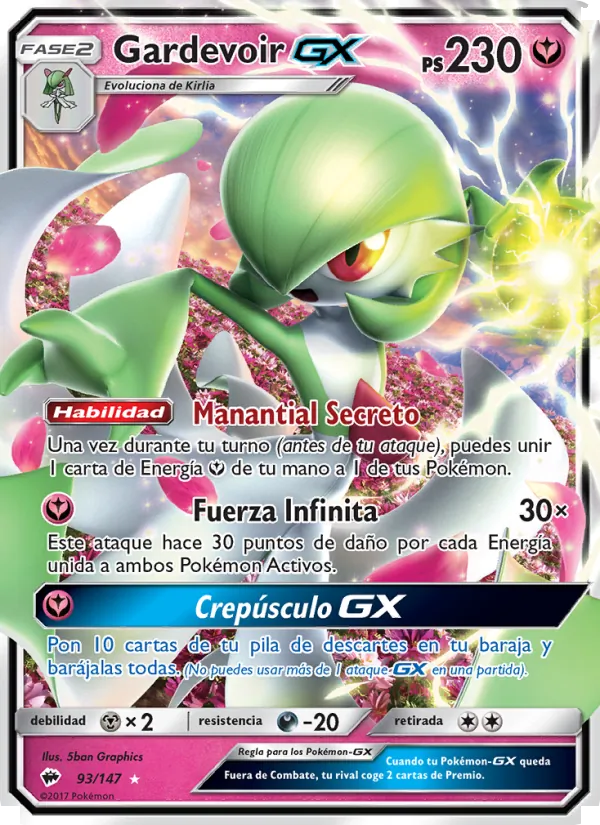 Carta Gardevoir GX de la expansión Sombras Ardientes, número 93/147