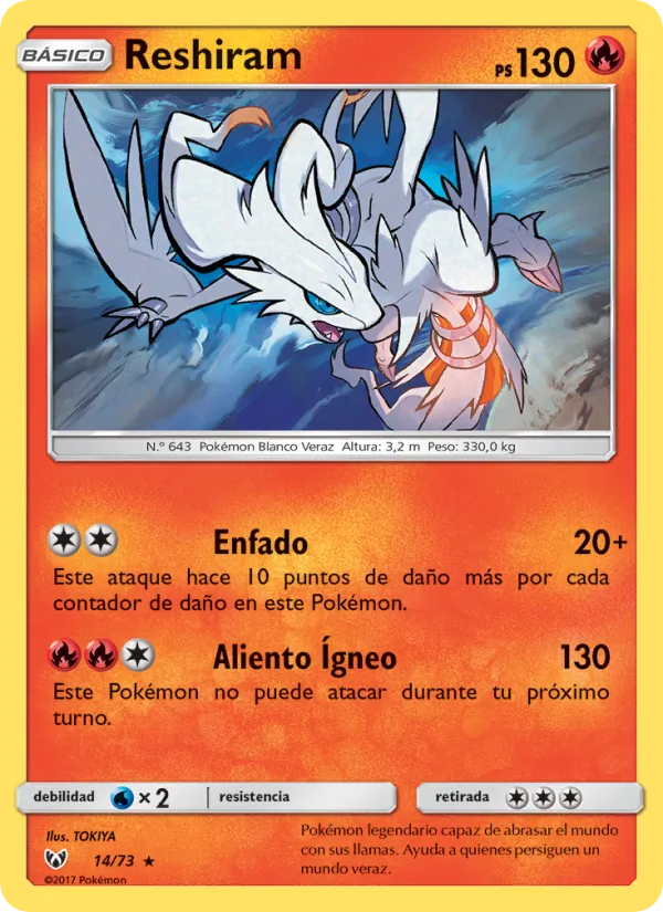 Carta Reshiram de la expansión Leyendas Luminosas, número 14/73