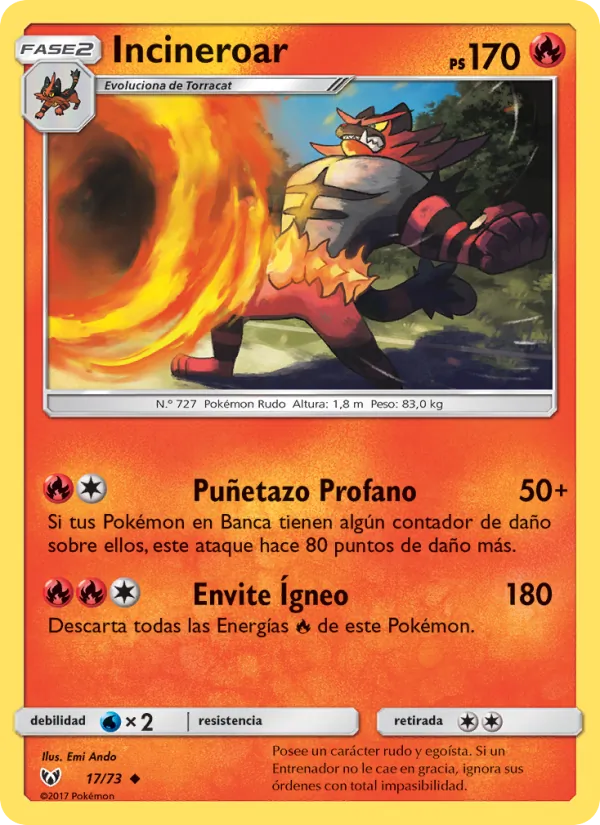 Carta Incineroar de la expansión Leyendas Luminosas, número 17/73