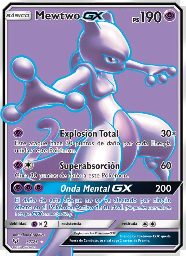 Carta Mewtwo GX de la expansión Leyendas Luminosas, número 72/73