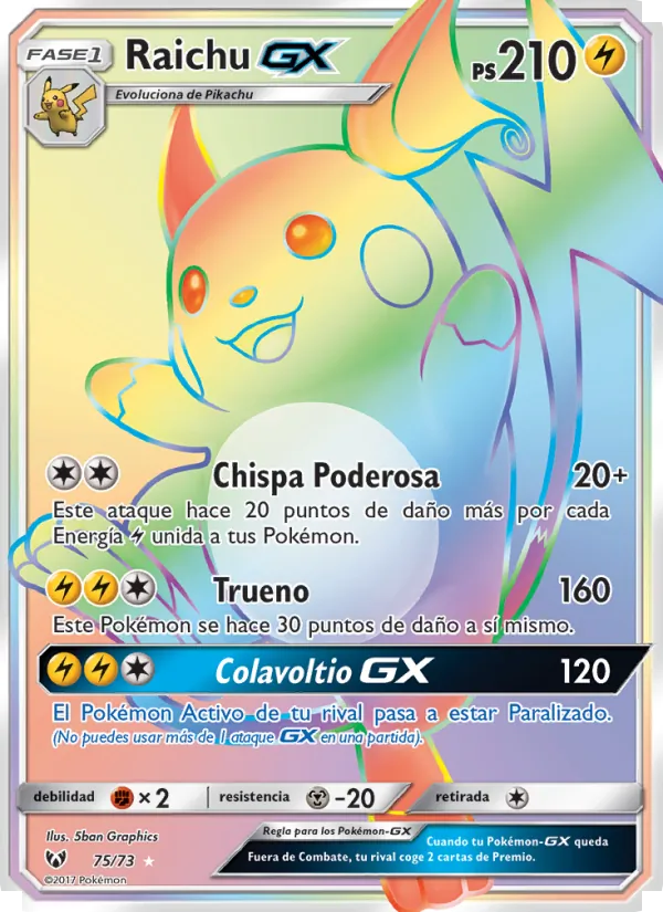 Carta Raichu GX de la expansión Leyendas Luminosas, número 75/73