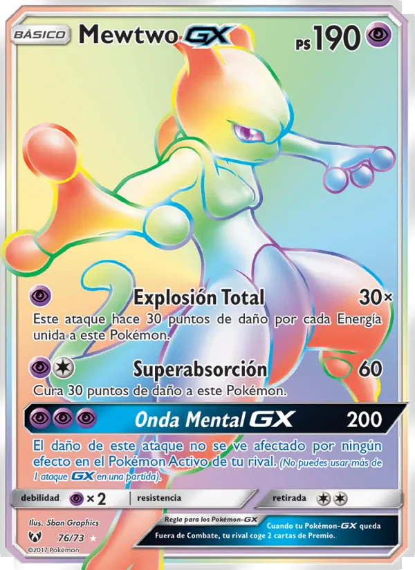 Carta Mewtwo GX de la expansión Leyendas Luminosas, número 76/73