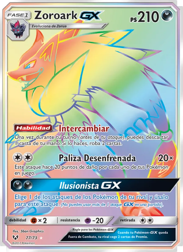 Carta Zoroark GX de la expansión Leyendas Luminosas, número 77/73