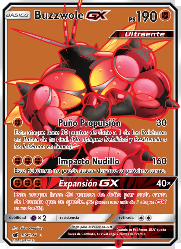 Carta Buzzwole GX de la expansión Invasión Carmesí, número 104/111
