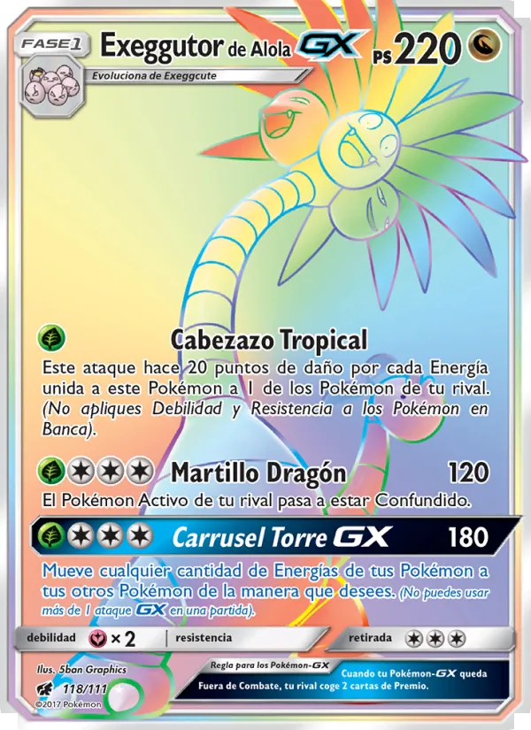 Carta Exeggutor de Alola GX de la expansión Invasión Carmesí, número 118/111