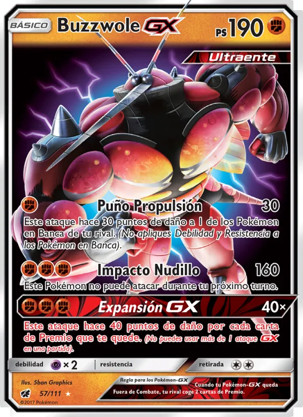 Carta Buzzwole GX de la expansión Invasión Carmesí, número 57/111