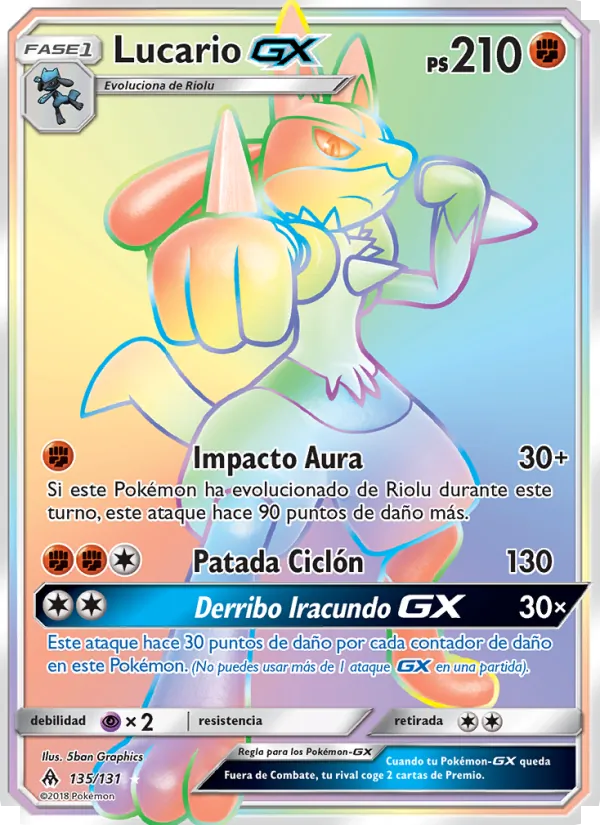 Carta Lucario GX de la expansión Luz Prohibida, número 135/131