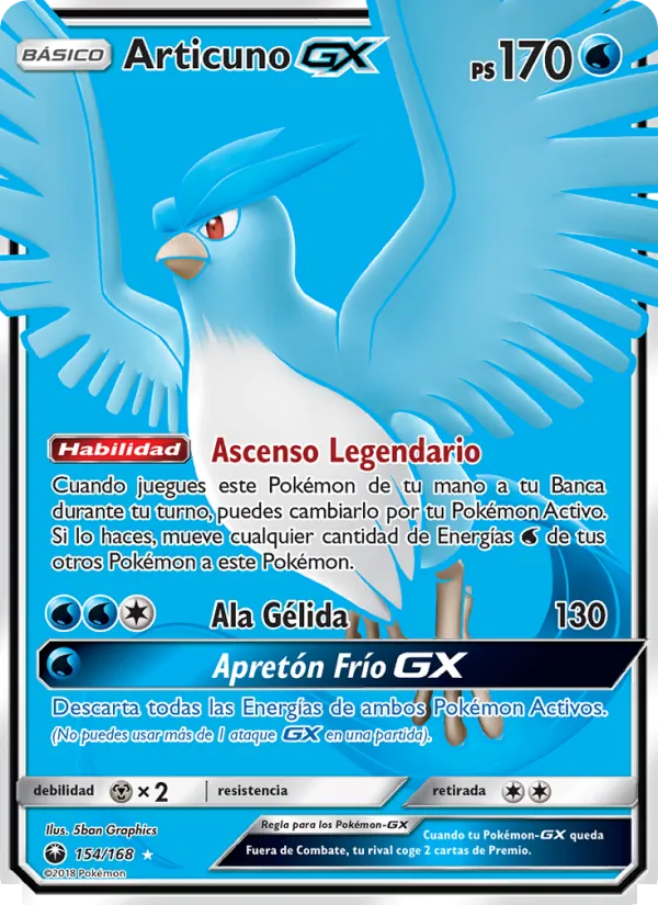 Carta Articuno GX de la expansión Tormenta Celestial, número 154/168