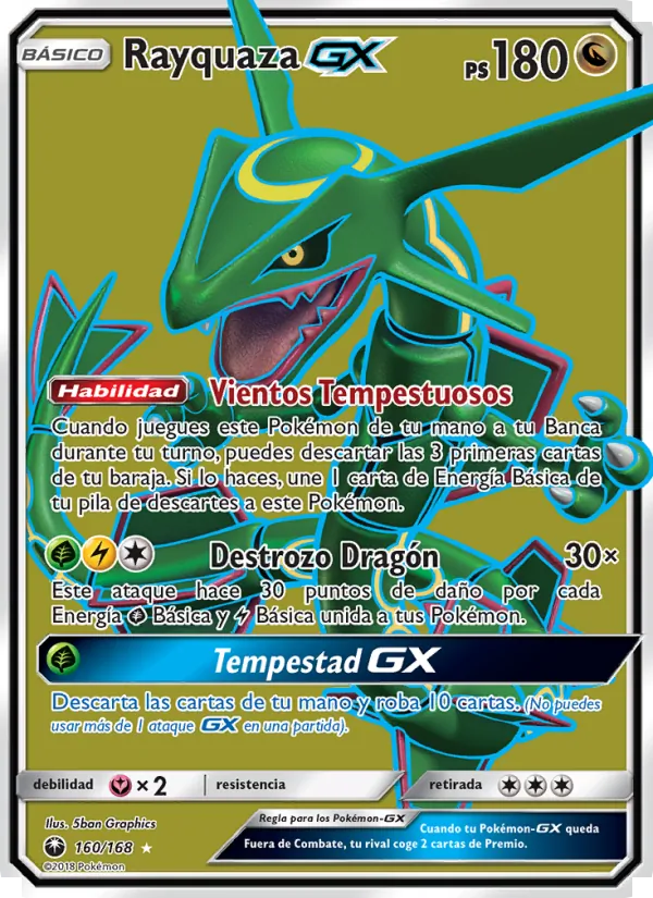 Carta Rayquaza GX de la expansión Tormenta Celestial, número 160/168