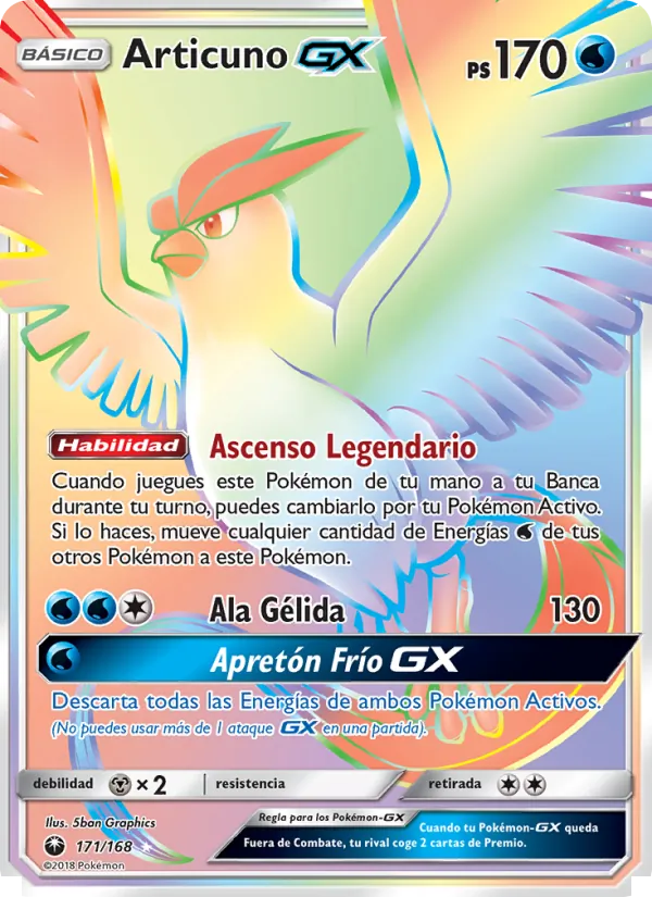 Carta Articuno GX de la expansión Tormenta Celestial, número 171/168