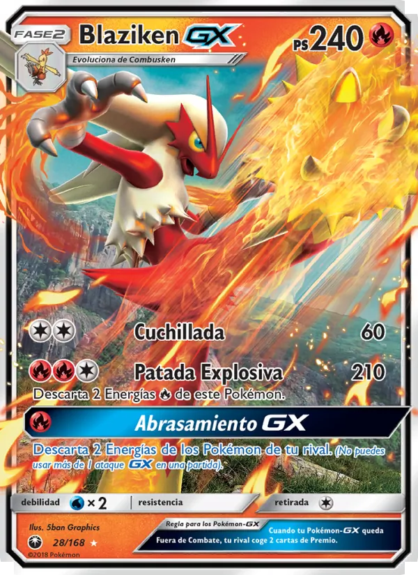 Carta Blaziken GX de la expansión Tormenta Celestial, número 28/168