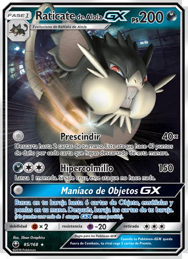 Carta Raticate de Alola GX de la expansión Tormenta Celestial, número 85/168