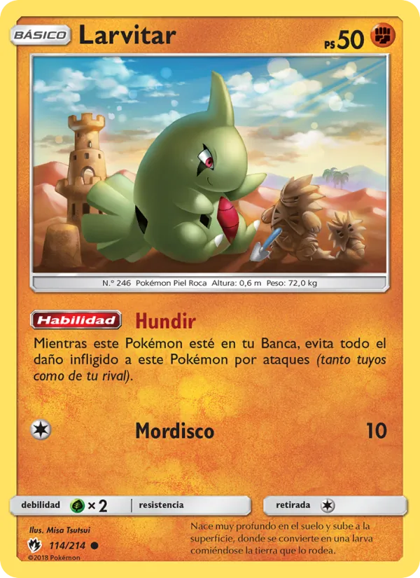 Carta Larvitar de la expansión Truenos Perdidos, número 114/214