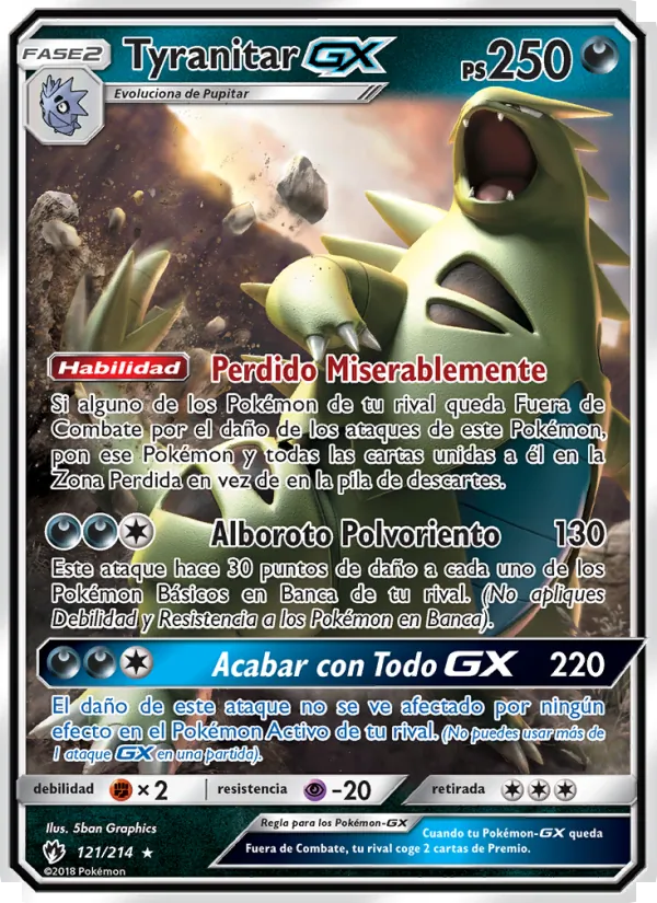 Carta Tyranitar GX de la expansión Truenos Perdidos, número 121/214