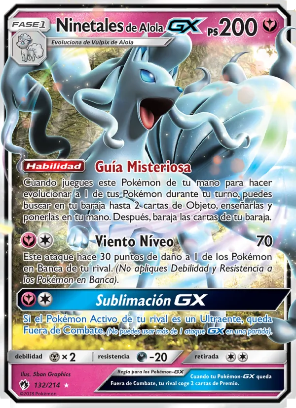 Carta Ninetales de Alola GX de la expansión Truenos Perdidos, número 132/214