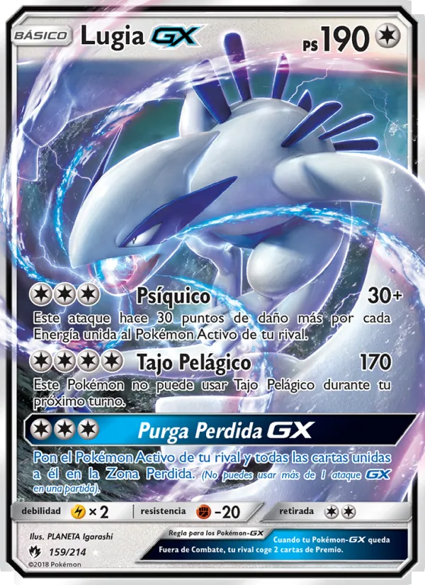 Carta Lugia GX de la expansión Truenos Perdidos, número 159/214