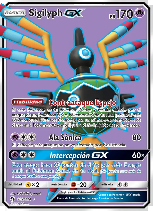 Carta Sigilyph GX de la expansión Truenos Perdidos, número 202/214