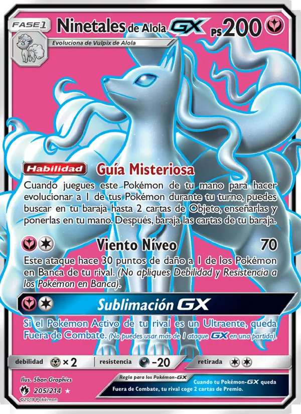 Carta Ninetales de Alola GX de la expansión Truenos Perdidos, número 205/214
