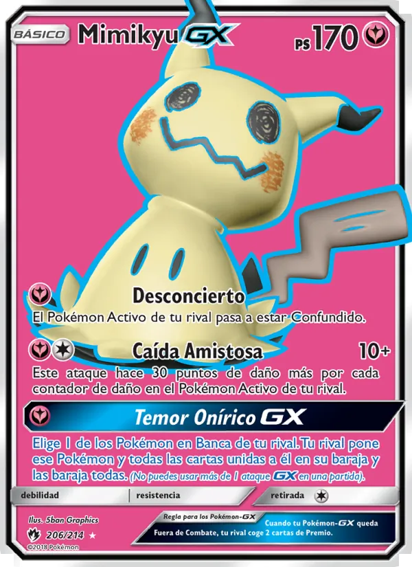 Carta Mimikyu GX de la expansión Truenos Perdidos, número 206/214
