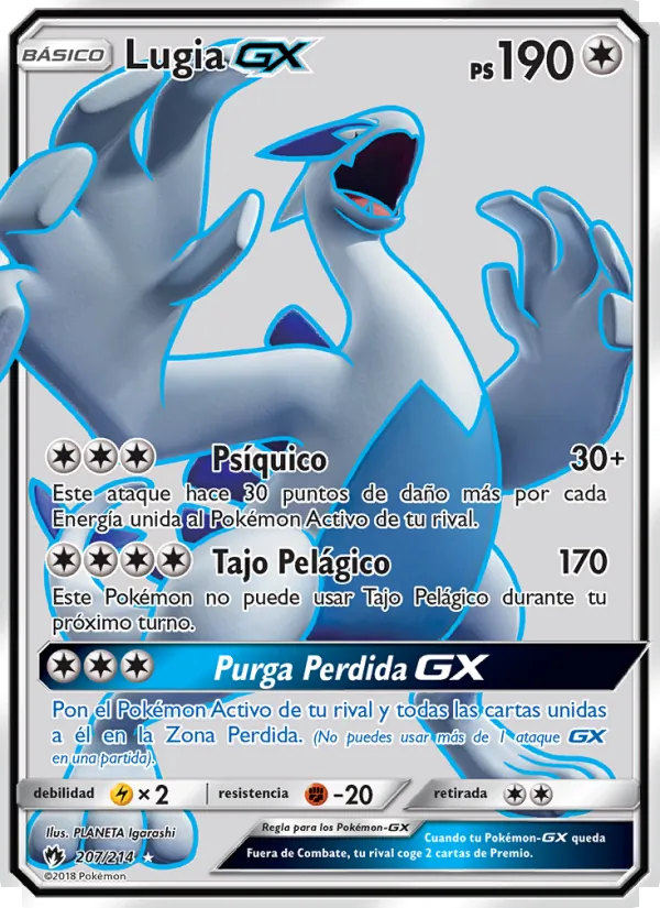 Carta Lugia GX de la expansión Truenos Perdidos, número 207/214