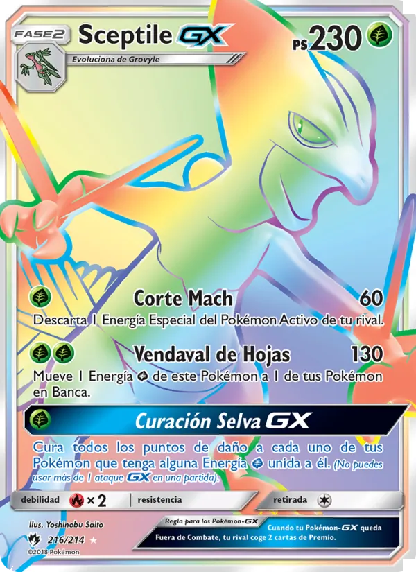 Carta Sceptile GX de la expansión Truenos Perdidos, número 216/214