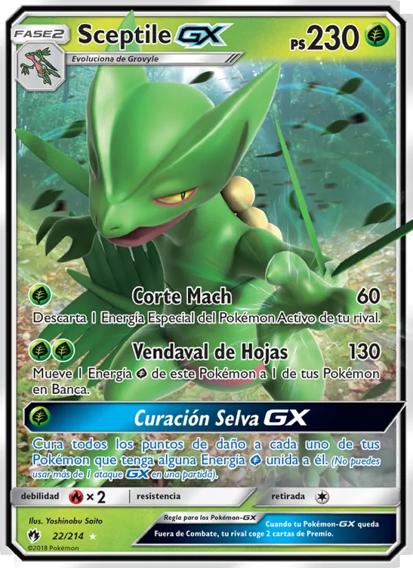 Carta Sceptile GX de la expansión Truenos Perdidos, número 22/214